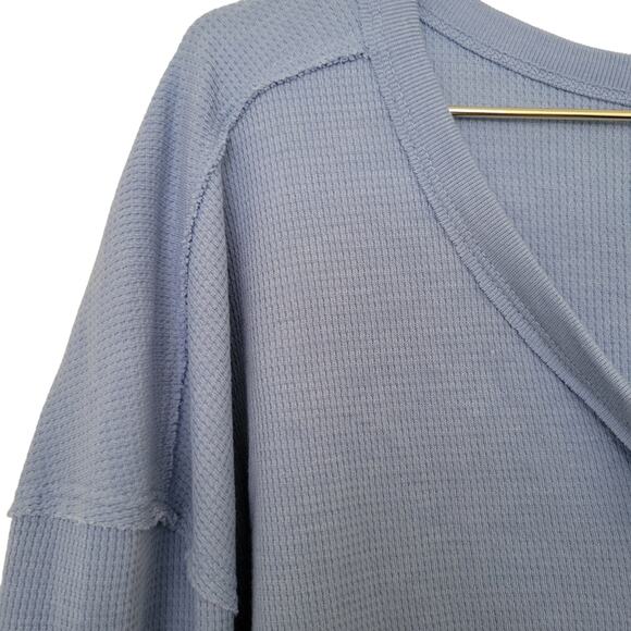 Lucky Brand Waffle Knit Top Size Large L Blue Oversize V Neck Slouchy Loungewear - Picture 5 of 7